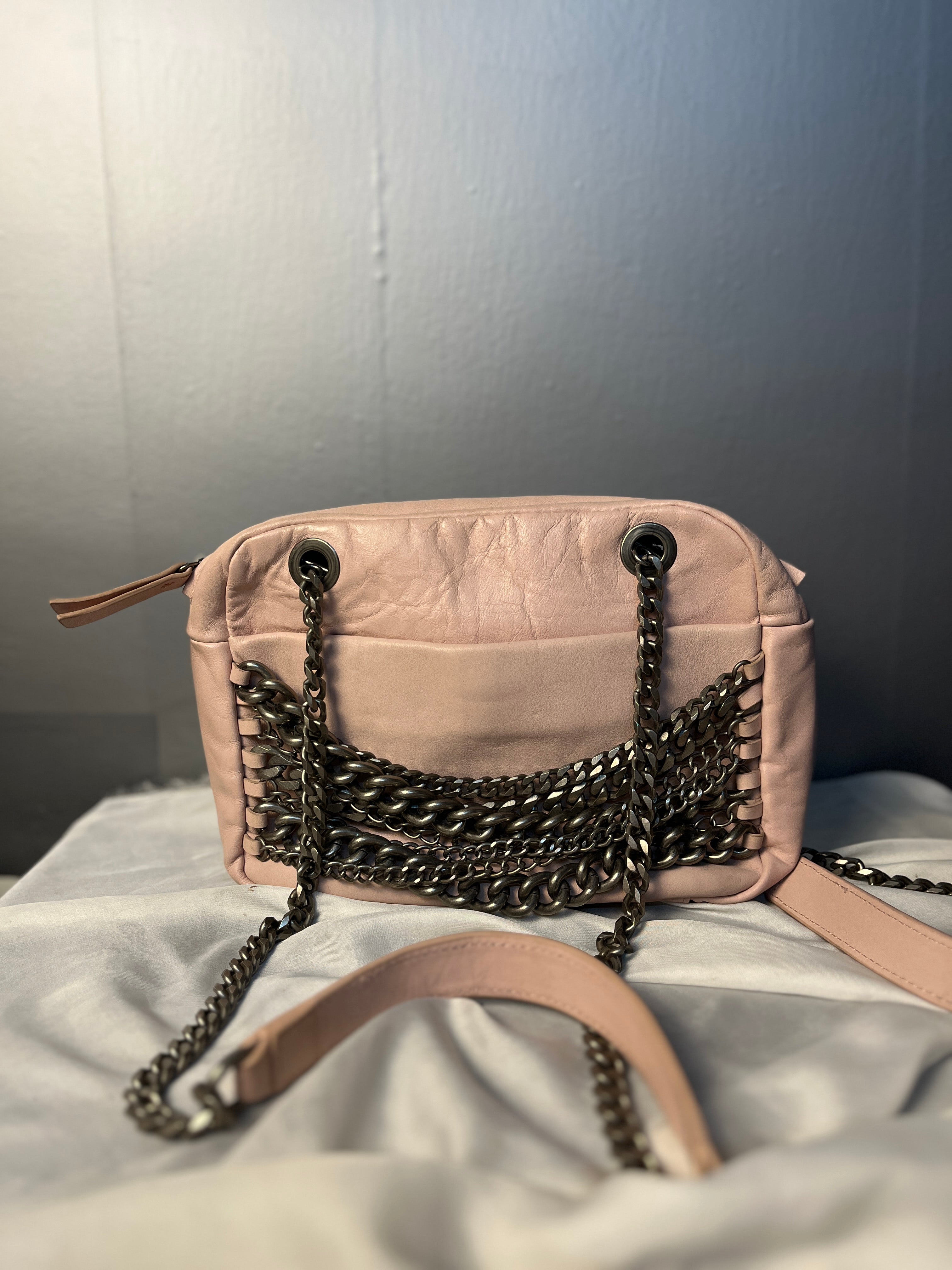 Zara Woman Original pale pink satchel features heavy gunmetal chain accents