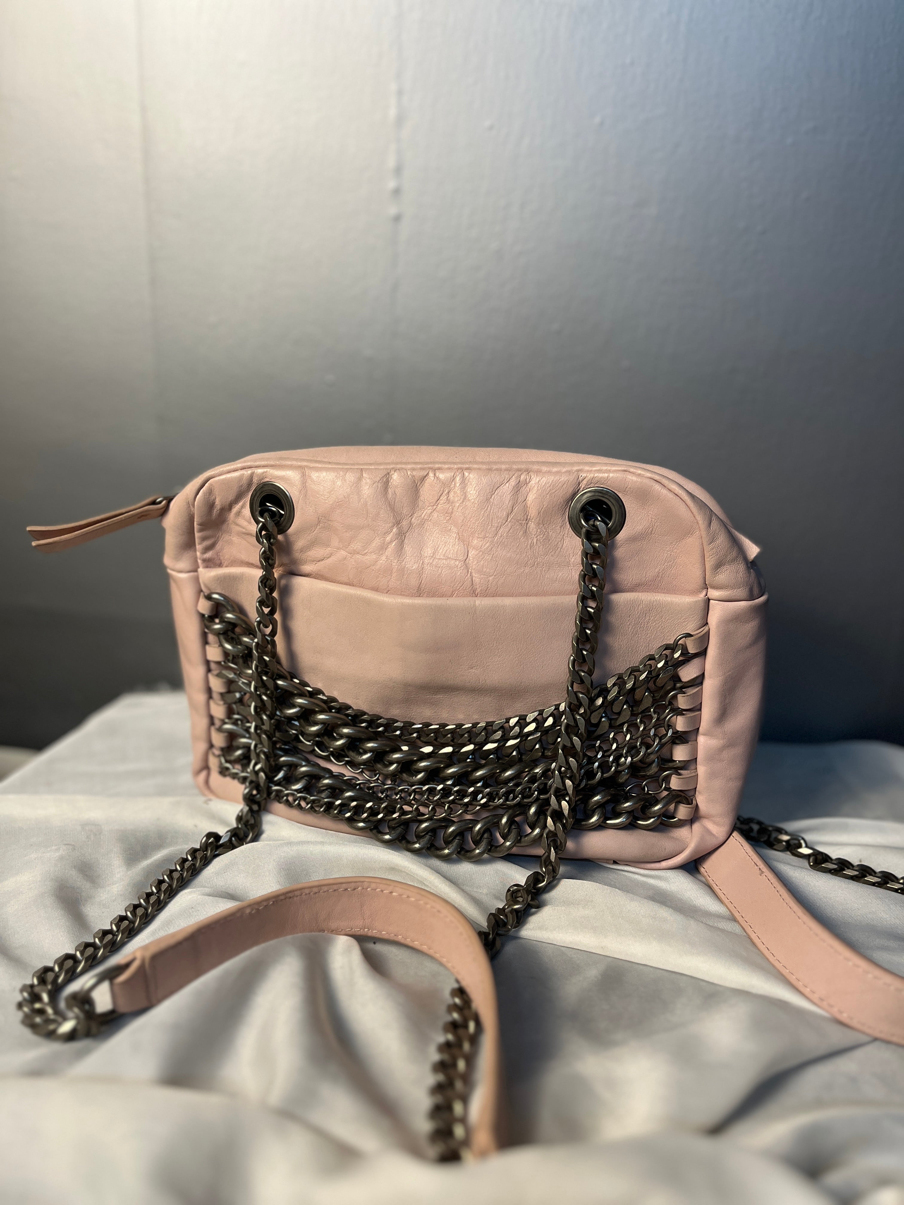 Zara Woman Original pale pink satchel features heavy gunmetal chain accents