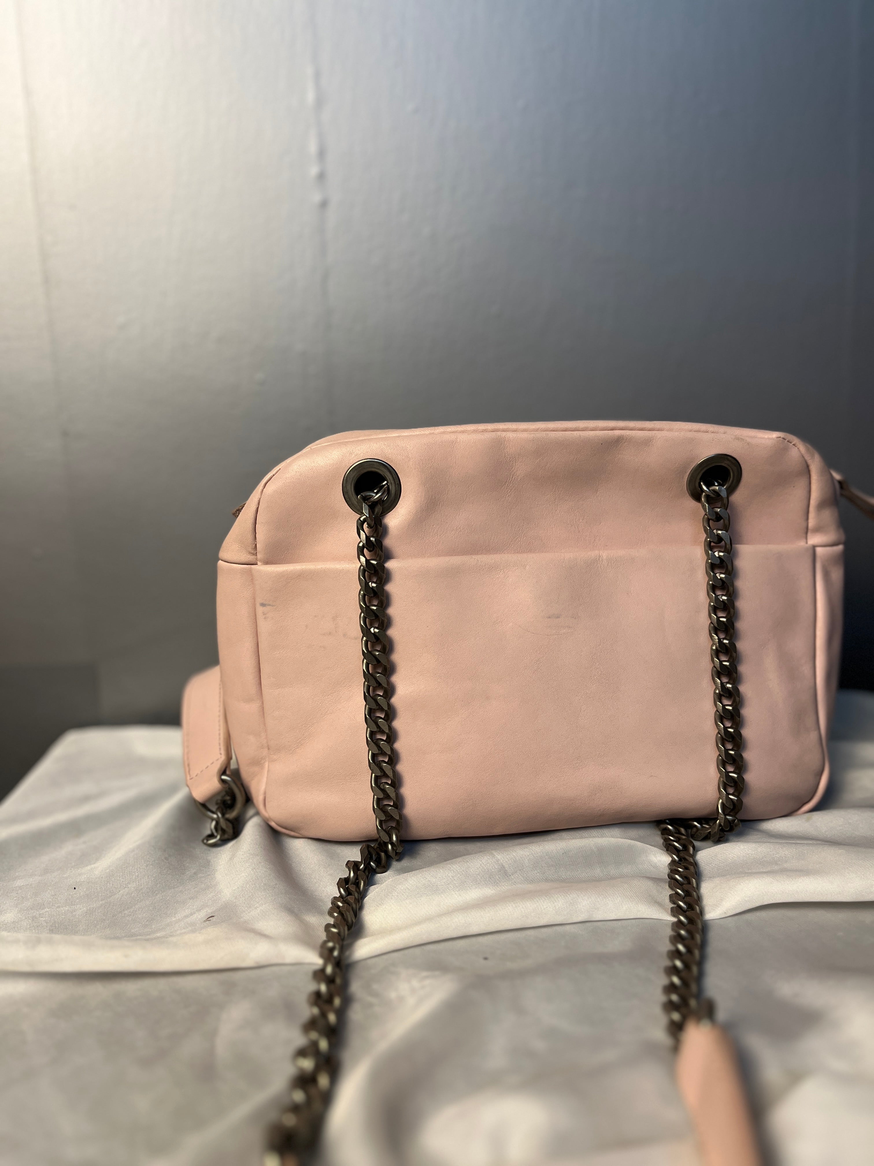 Zara Woman Original pale pink satchel features heavy gunmetal chain accents