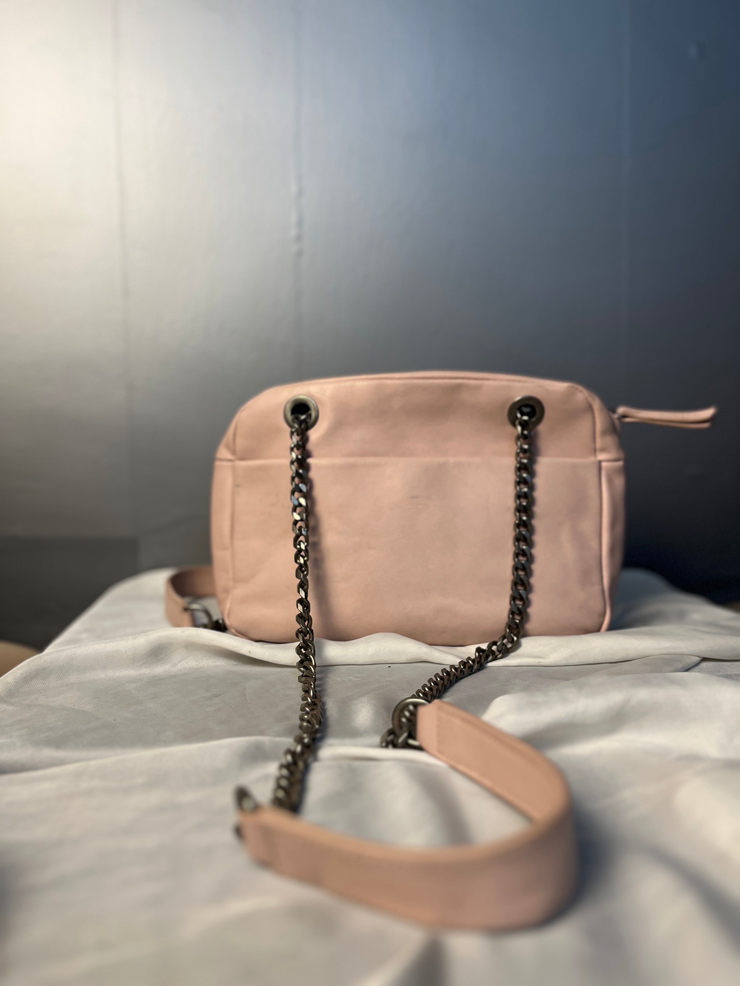 Zara Woman Original pale pink satchel features heavy gunmetal chain accents